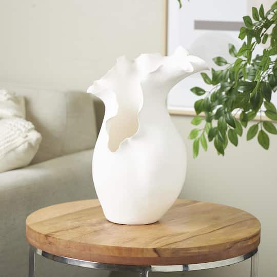 14.75" White Ceramic Abstract Floral Inspired Vase with Wavy Edge